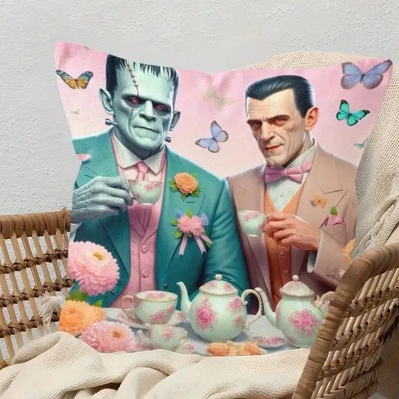 Frankenstein and Dracula Tea Party Pillow Cover - Picture 1 of 3